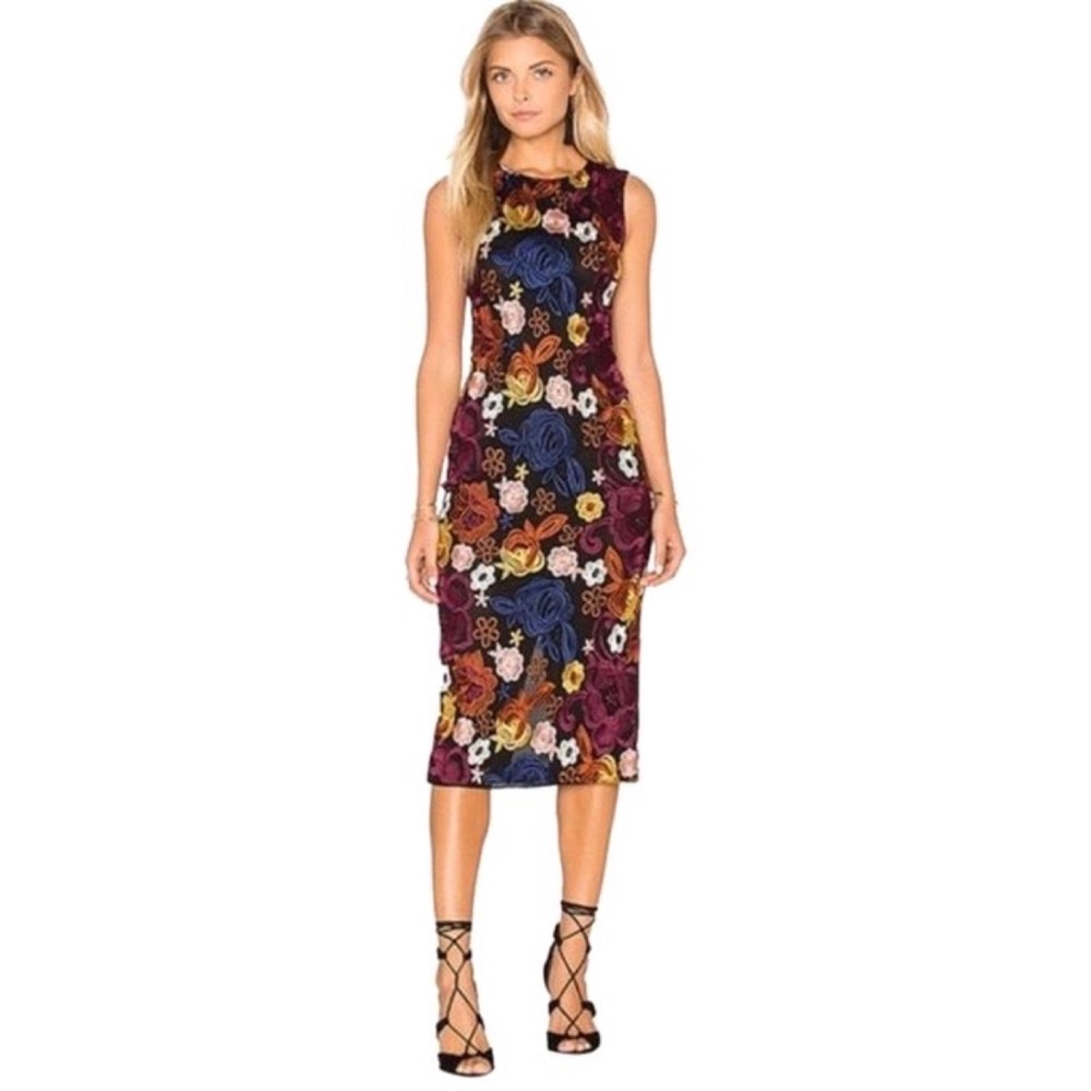 Alice + Olivia Nat Floral Blue Purple Embroidered Sleeveless Midi Sheath Dress